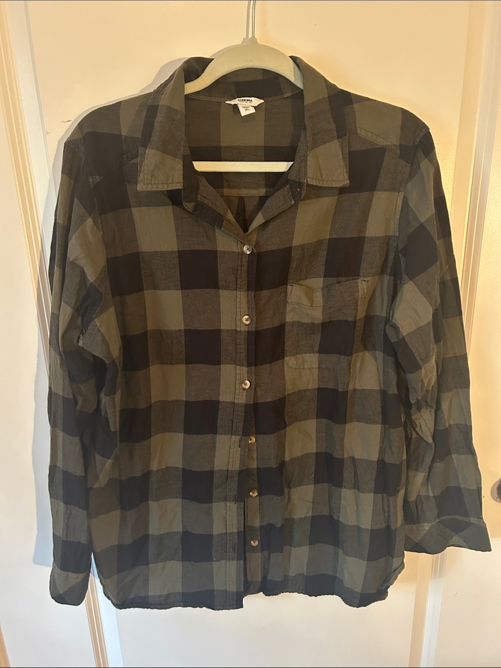 Sonoma Olive Green and Black Plaid Button-Down Shirt